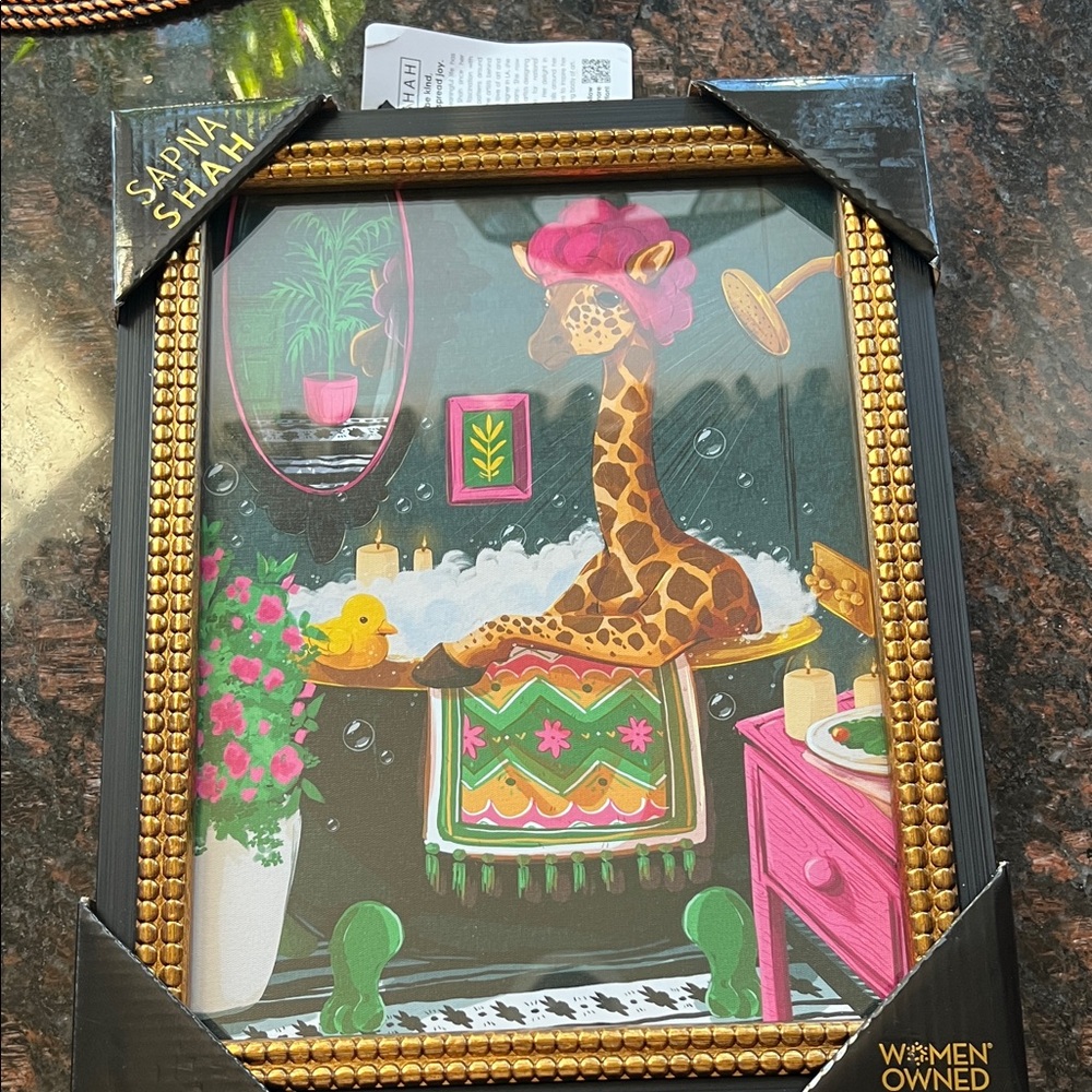 Giraffe Bath Art Print - Black and Gold Frame